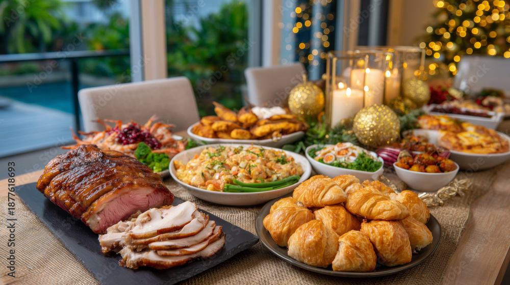 Fototapeta premium A table full of food with a Christmas tree in the background