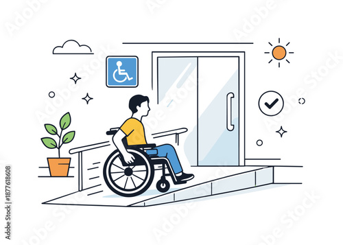 Accessible Building Entrance. Wheelchair accessibility. Person using a wheelchair entering a building via a smooth ramp. Inclusive design and