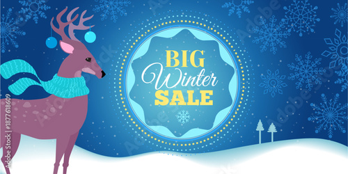 Cartoon style horizontal winter sale banner with a cute deer, snowy winter landscape and decorative snowflake ornament. Bright festive design for online ads, websites, promotions and seasonal sales