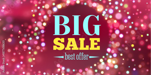 Horizontal winter sale banner with colorful bokeh lights creating a festive glowing atmosphere. Bright modern design perfect for online advertising, website headers, social media promotions and sales