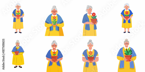 Collection of vector illustrations featuring happy elderly women holding potted flowers, symbolizing gardening, retirement, and care.