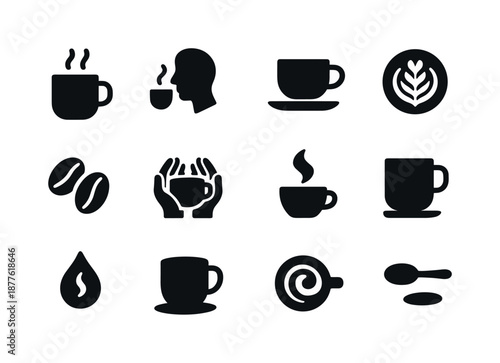 Coffee Icon Collection. Coffee moments. Solid icon set of coffee moments: steaming mug, sip silhouette, cup on saucer, latte art rosette, bean pair, cozy