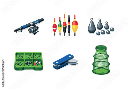 Fishing Gear Icons. Float Fishing. Isometric flat vector icons set of Float Fishing: telescopic fishing rod, float bobber set, lead sinker weights, hook