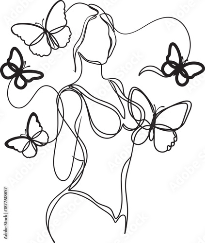 Nude Woman Surrounded by Butterflies in Continuous Line Art