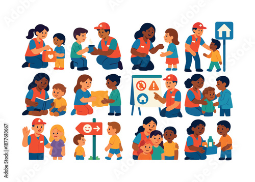 Volunteer Icons for Kids. Emergency volunteers with kids. Colorful flat vector icons set of emergency volunteers with kids: distributing care packs, offering
