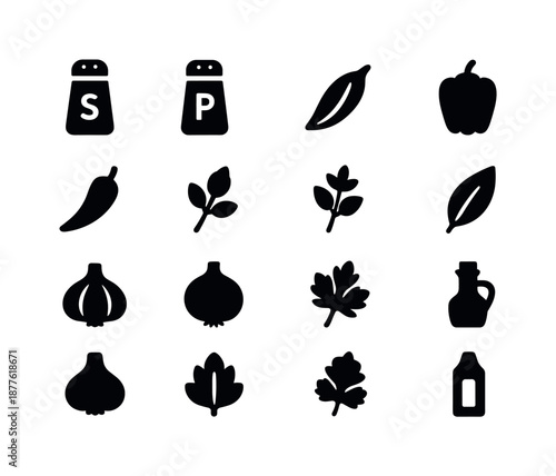Bean Seasoning Icons. Seasonings for beans. Solid icon set of Seasonings for beans: salt, pepper, cumin, paprika, chili powder, oregano, thyme, bay leaf,