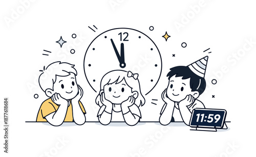 Midnight Countdown Anticipation. Children waiting for midnight countdown. Children looking at a clock or phone showing the final minutes before midnight. Quiet