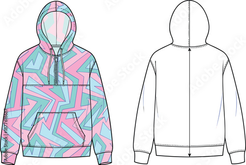 Front and back view patterned hoodie vector illustration featuring colorful geometric print pullover sweatshirt design for fashion apparel mockups