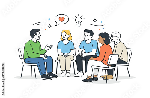 Supportive Group Discussion. Group support meeting. People listening attentively while one person speaks, showing understanding and care. A sense of trust,