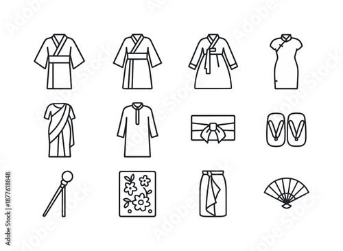 Traditional Asian Attire Icons. Traditional Asian attire. Line icon set of Traditional Asian attire: kimono, yukata, hanbok, qipao, sari, kurta, obi belt, geta