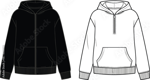 Front view hoodie jacket vector illustration featuring black zip hoodie and white pullover sweatshirt for fashion apparel mockups designs templates