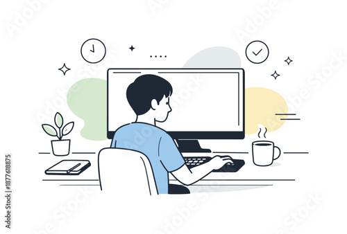 Focused Desk Work. Focused desk work. A single worker concentrating on a large monitor with minimal distractions. Deep focus and efficiency, soft abstract