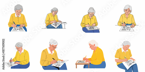 Set of illustrations showing senior women solving crossword puzzles, focusing on mental activity, leisure, and cognitive health in old age.