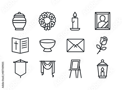 Funeral Line Icons. Funeral objects. Line icon set of Funeral objects: ceremonial urn, flower wreath, funeral candle, framed portrait, service program,