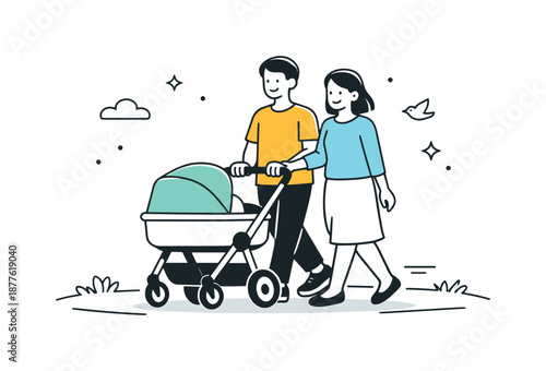 Strolling Family Bliss. Parents pushing stroller walk. Parents calmly walking together while pushing a stroller along a path. Peaceful family routine and