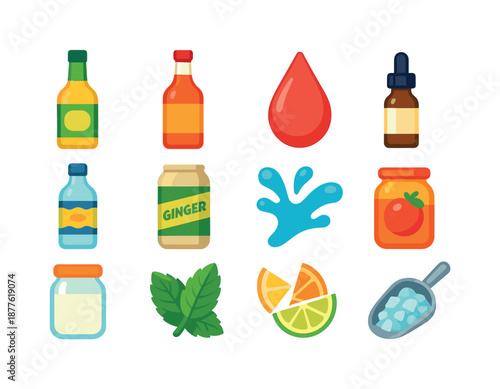 Colorful Bar Mix Icons. Bar Mixes. Colorful flat vector icons set of Bar Mixes: sour mix bottle, sweet syrup, grenadine drop, bitters vial, tonic water, ginger