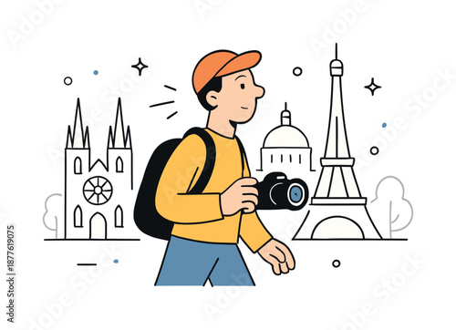 City Tour Adventure. City sightseeing. Tourist exploring a city with landmarks, camera in hand. Curious mood and light discovery feeling with simple building