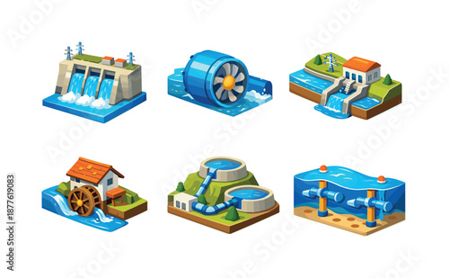 Hydropower Icons Grid. Hydropower systems. Isometric flat vector icons set of Hydropower systems: hydroelectric dam, water turbine, river-based power plant,