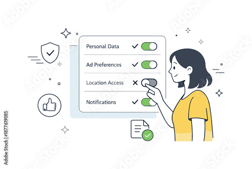 Privacy Settings Interface. User consent management. A character adjusting privacy settings on a clear interface. Transparency and user control, toggle