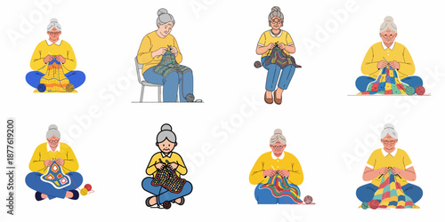 Set of vector illustrations depicting elderly women knitting and crocheting colorful yarn projects, focusing on handmade hobbies and senior leisure activities.