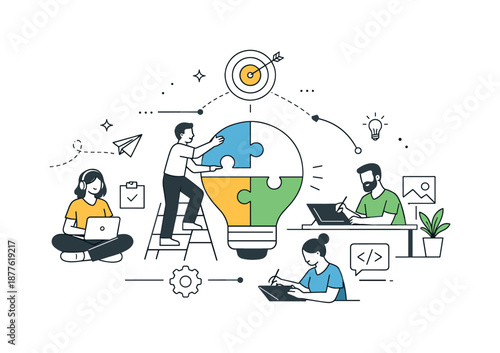 Cooperative Freelance Collaboration. Independent work, shared goals. Freelancers aligning around a common objective, connecting individual tasks into one
