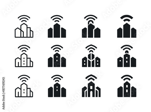 Smart City Icon Set. smart city developments. Icon set. Set Logo of smart city developments: connected smart buildings. harmonious logo variations of the same