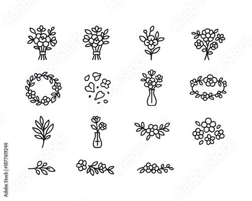 Wedding Floral Icons. Wedding Flowers & Bouquets. Line icon set of Wedding Flowers & Bouquets: bridal bouquet, bridesmaid bouquet, boutonniere, corsage, floral