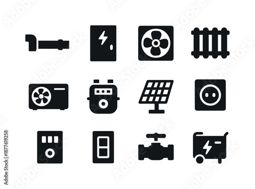 Building Utilities Icons. Building utilities. Solid icon set of building utilities: water pipe, electrical panel, ventilation fan, heating radiator, air