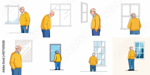 Collection of vector illustrations showing a sad elderly man looking out different windows, depicting feelings of loneliness, aging, and solitude in various indoor settings.
