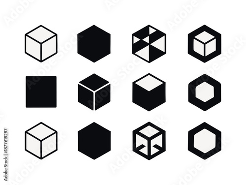 Geometric Logo Set. Geometric composition. Icon set. Set Logo of Geometric composition: Cubic structure: Minimal outline, Filled silhouette, Abstract