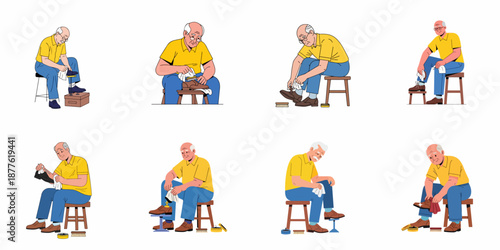 Elderly man polishing his shoes set. Senior male character performs shoe shining, cleaning, and maintenance routine. Vector illustration.