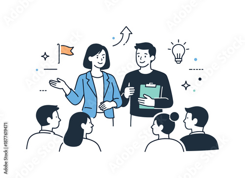 Balanced Leadership. Gender balance leadership. Two leaders of different genders sharing responsibility and guiding a team together. Calm confidence and trust