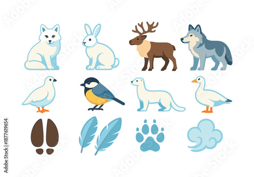 Winter Wildlife Icons. Winter wildlife. Colorful flat vector icons set of winter wildlife: snow fox, winter hare, caribou, snow wolf, ptarmigan, winter