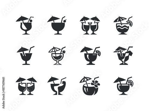 Cocktail Icon Set. Cocktail specials. Icon set. Set Logo of cocktail specials: umbrella drink icon. harmonious logo variations of the same emblematic concept,