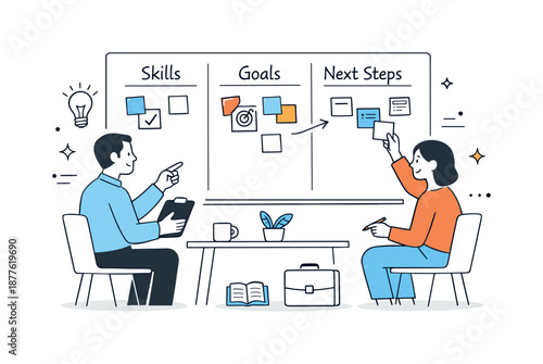 Career Development Planning. Career development discussion. Manager and employee mapping skills and goals on a simple board. Sense of progress, learning, and