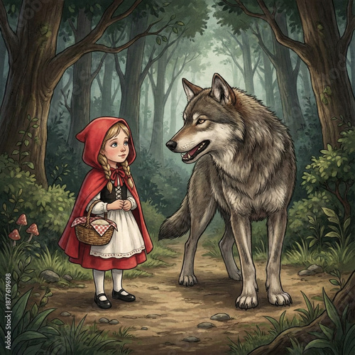 Little red riding hood meeting big bad wolf in forest