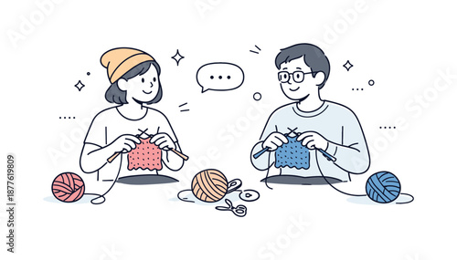 Knitting Friends Harmony. Crafting together. Friends knitting and sharing conversation, surrounded by simple yarn balls. Mindful creativity and