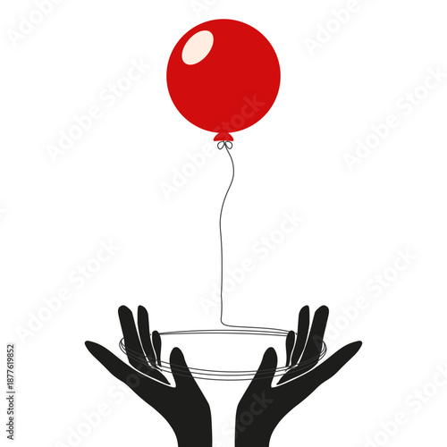 Surreal silliness art. Vector illustration of black hand with red air balloon isolated transparent background. Concept of loneliness. A lonely holiday. EPS 10
