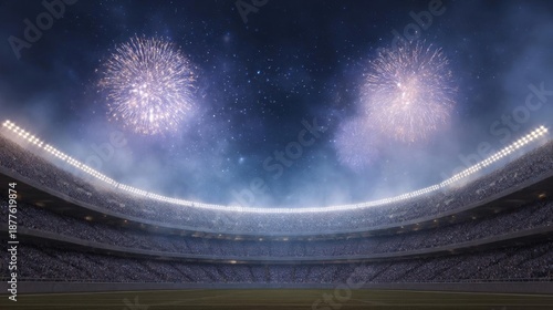 Large football stadium filled with spectators. the sky is filled with colorful fireworks exploding in the night sky, creating a beautiful display of light and color.