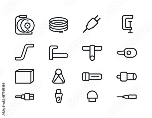 Islandercable Reel Icons. Islandercable Reel. Line icon set of Islandercable Reel: cable reel, coiled wire, connector plug, mounting bracket, hand crank, cable