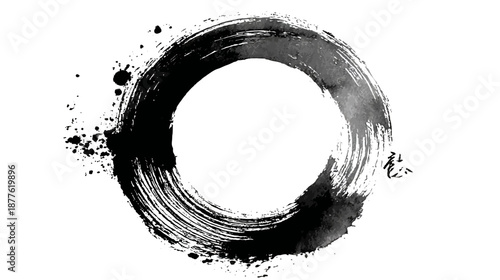 A monochrome illustration of a brushstroke circle with various textures and ink splatters