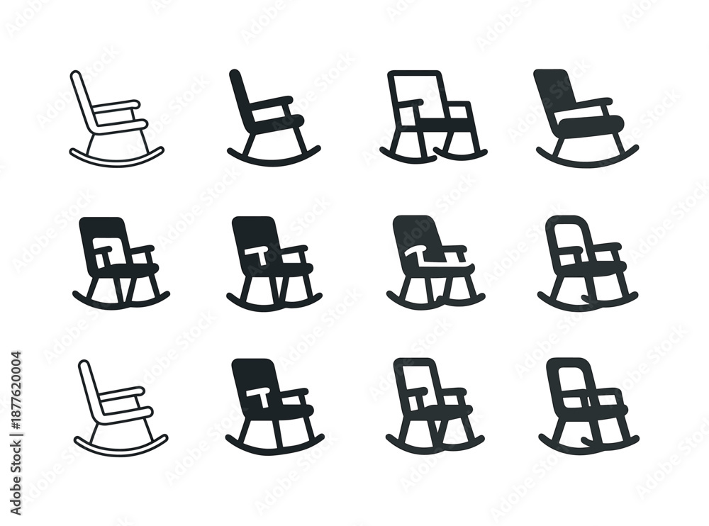 Fototapeta premium Rocking Chair Icons. A comfortable rocking chair in a nursery or reading room. Icon set. Set Logo of a comfortable rocking chair in a nursery or reading room: