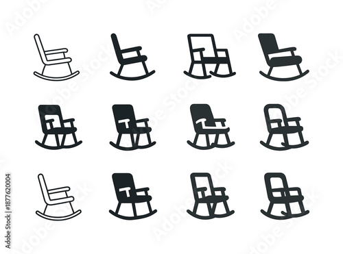 Rocking Chair Icons. A comfortable rocking chair in a nursery or reading room. Icon set. Set Logo of a comfortable rocking chair in a nursery or reading room: