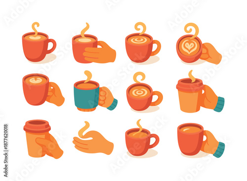 Colorful Latte Icons. Latte in Hand. Colorful flat vector icons set of Latte in Hand: warm latte cup, hand holding mug, foam art heart, cozy sleeve grip,
