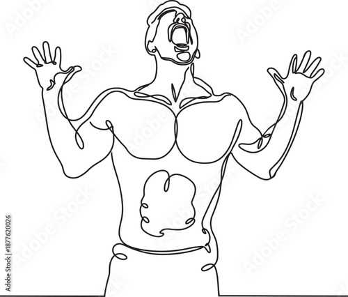 Angry Man Yelling with Hands Raised in Frustration, Isolated on White, Line Art