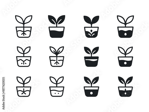 Self-Watering Planter Icons. Self-watering indoor plants. Icon set. Set Logo of Self-watering indoor plants: indoor planter stand with reservoir. harmonious