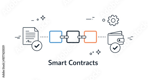 Smart Contract Visualization. Smart contracts visualization. Abstract digital agreement represented by connected blocks and check icons, calm sense