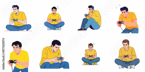 Diverse set of young male gamers experiencing intense emotions while playing video games, vector illustration collection.