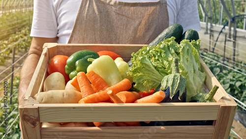 A farmer holds a wooden crate of fresh vegetables—carrots, zucchini, lettuce, tomatoes—in a greenhouse, emphasizing sustainable agriculture and local, organic produce.