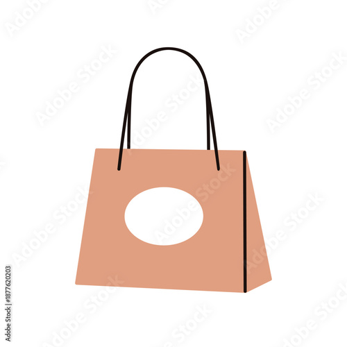 Shopping bag, eco kraft with handles. Paper package with label. Recyclable and reusable retail and takeaway pack for retail purchase. Flat vector illustration isolated on white background